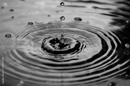 Macro shot of a single pristine water droplet creating ripples, capturing the tranquil beauty