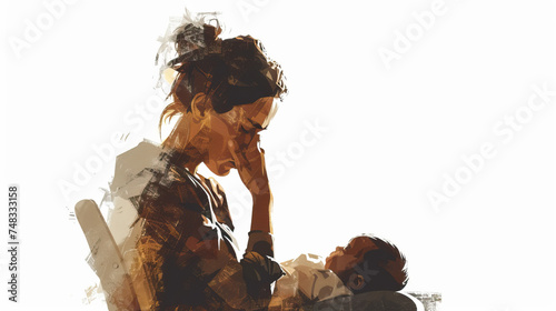 Depressed young woman crying, Postpartum depression.Postpartum postnatal depression PPD. Tired sad woman sits near the cradle with a newborn baby. 
