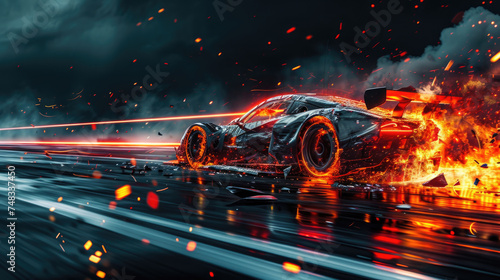 Sports car driving fast with fire on dark background, burning vehicle runs on race track. Flame, smoke, wreckage and sparks on road. Concept of crash, speed, accident, wreck