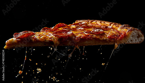 A flying slice of pepperoni pizza with stretching cheese on a black background