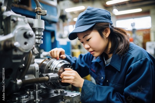 Clad in work attire, a woman exhibits precision and dedication as she operates a large factory machine, embodying proficiency and commitment in industrial work.