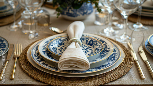  Luxury royal blue printed dinner plates with napkin table setting dinner crockery set organized on dining table 