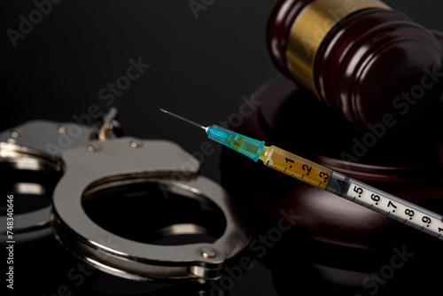 Syringe with gavel and handcuffs. Lethal injection, death penalty and capital punishment concept.