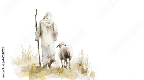 Shepherd Jesus Christ Taking Care of One Missing Lamb Watercolor Illustration Banner