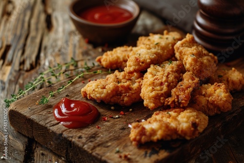 a plate of fried chicken with ketchup and herbs