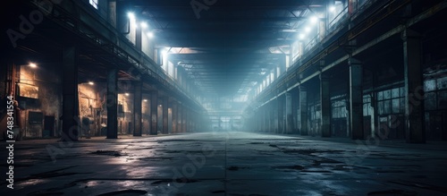A dimly lit warehouse filled with rows of windows allowing natural light to filter in. The expansive space is empty, with high ceilings and industrial features.