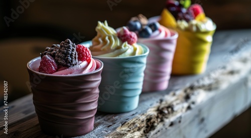 a row of colorful cups with fruit in them
