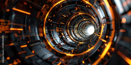 Futuristic technology tunnel with glowing orange light, abstract sci-fi background.
