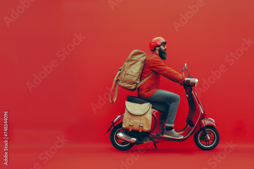 A rider on a red scooter with a backpack on a vivid red background exhibits simplicity and urban commuting
