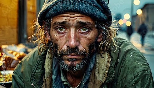 A man with a weathered face and piercing gaze looks on despondently, his life on the streets etched into every line. The city's indifference contrasts with his profound personal struggle.