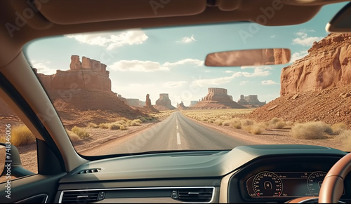 pov car passenger. Front window view texas road trip traveling by rental car relax back seat take photo passenger. Lifestyle vacations vibes outdoor moody mountains view from window. Generative Ai