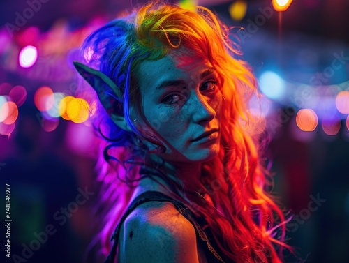 a woman with colorful hair and elf ears