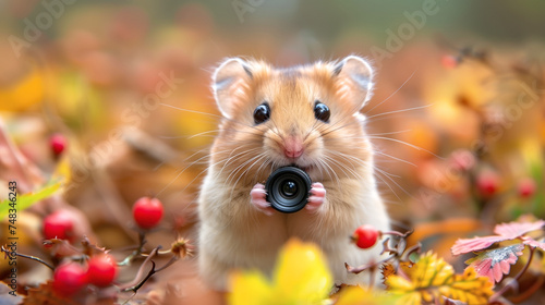 Urocza myszka fotografka z mikro małym obiektywem fotograficznym