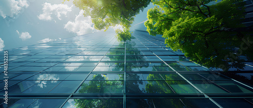 office building with tree for reducing carbon dioxide, Eco green environment