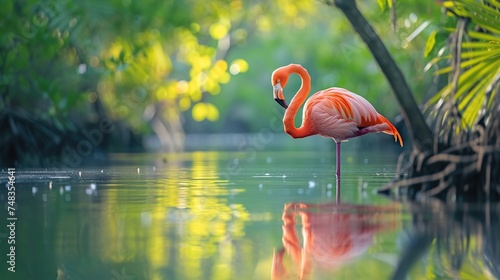 Caribbean flamingo standing in water with reflection.