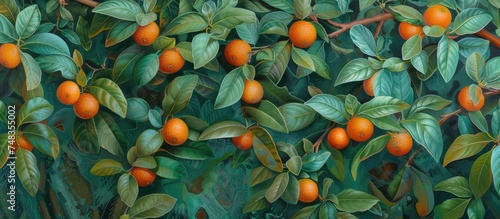 The painting depicts a vibrant mandarin orange citrus reticulata tree laden with ripe fruits. The bountiful display showcases the foliage and fruits in all their glory.
