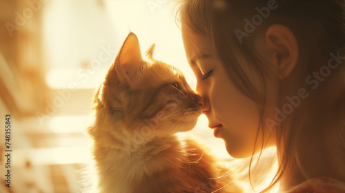 Retrato de uma bela jovem com um gato na natureza.