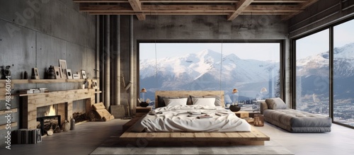 A bedroom with a large window offering a panoramic view of the mountains. The room features a DIY bed made with pallets, a sofa with pillows,