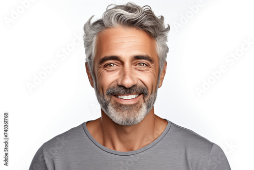 Photo portrait of a handsome 40s old mature man smiling with clean teeth. For a dental ad. Man with fresh stylish hair and beard. Isolated on white background, hyper realistic, professional