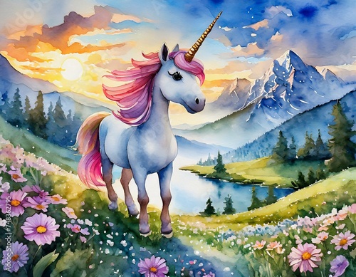 Dessin de licorne et décor arc-en-ciel, univers coloré aux couleurs de princesses. 