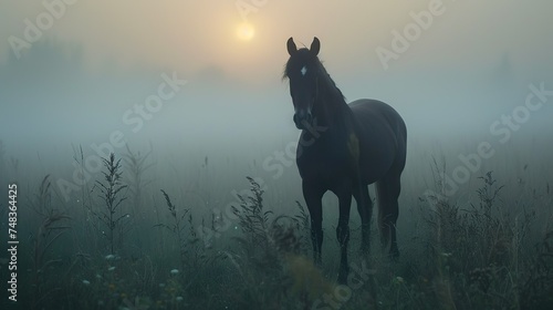 horse in fog, Horse, Equine, Mane, Tail, Gallop, Trot, Canter, Hooves, Bridle, Saddle, Rider, Equestrian, Stallion, Mare, Foal, Mustang, Paddock, Pasture, Grazing, Neigh, Whinny, Horseback riding