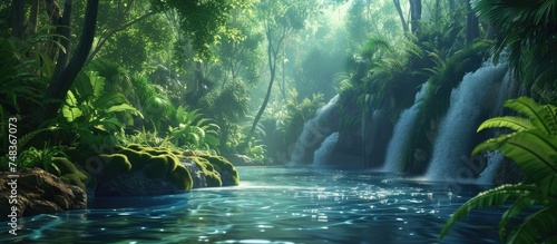 A painting depicting a powerful waterfall cascading down rocks into a river in the lush jungle environment. The water flows energetically, surrounded by vibrant green foliage and towering trees.