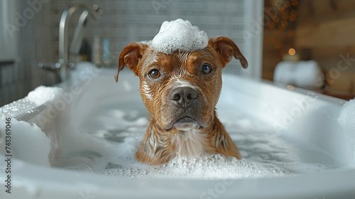 Favorite pet dog bathes in the bath. Caring for a dog at home. Bathing the dog.