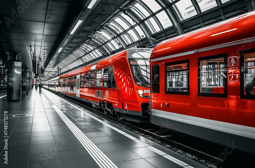 Dynamic image of a red commuter train arriving at a sleek, modern station with glass architecture, embodying urban transportation