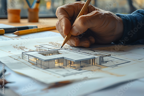 Close-up of an architect sketching a building.