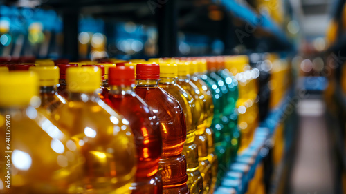 Rows of bottled cooking oil on a production line representing mass production, consumer goods, and food industry.