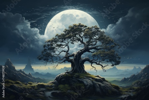 Enchanting Moon tree landscape. Dark mystery. Generate AI