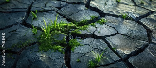 A plant defying odds, growing through a crack in the ground, showcasing the resilience and tenacity of nature in challenging environments.