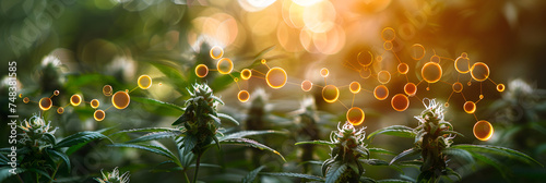 Ripe inflorescences of cannabis plants on plant on farm, Chemical Formula Marijuana CBD THC Concepts