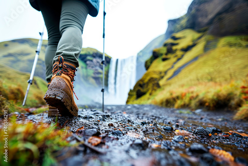 Adventures in Iceland: A courageous woman with trekking sticks embarks on an exploration of Iceland's rugged terrain, surrounded by the raw beauty of nature, near an iconic waterfall at background