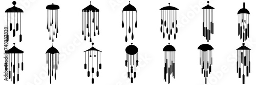 Windchime bell silhouettes set, large pack of vector silhouette design, isolated white background