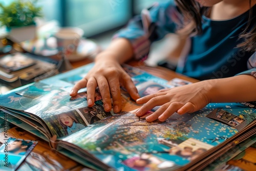 Close-up of Female Hands Browsing Through Colorful Photo Album Indoors with Vivid Imagery and Detail