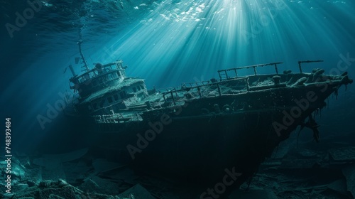 old ship sunk in the sea in the depths with good lighting with rust in high resolution and high quality