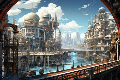 Steampunk Futuristic Cityscape Illustration