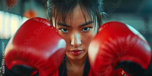 Asian boxer girl with red boxing gloves ready to fight in gym.