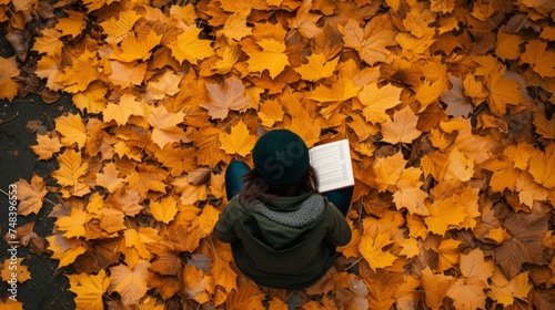 Aerial view of a woman sitting among autumn leaves generative ai