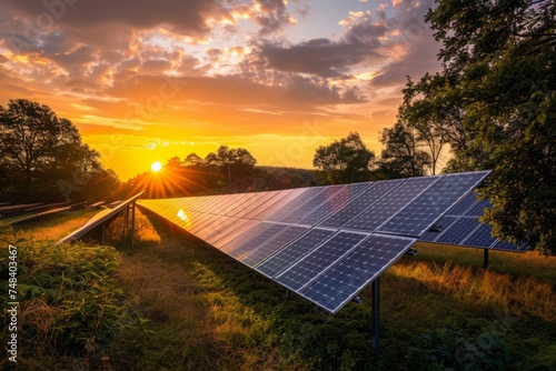 Solar panels in a field during sunset, symbolizing renewable energy and sustainability. Concept of renewable energy, sustainability, and technology. 