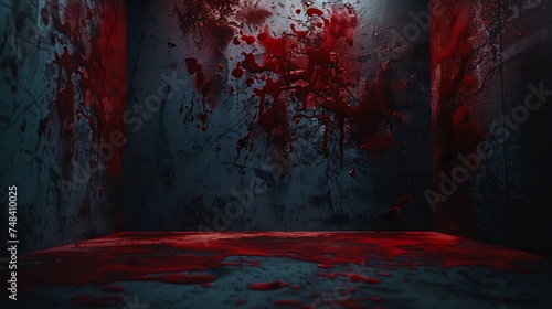 Black blood red horror background Interior room Concrete old wall floor Grunge Product display 3d rendering Empty space For mockup showcase design Stage Dark Spooky creepy Brokencracke : Generative AI