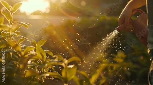 Man watering plants from hose in garden closeup : Generative AI