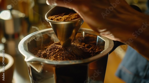 Man preparing classic Italian coffee in the mocha in the kitchen filling funnel of a moka pot with ground coffee Coffee brake Morning habit : Generative AI