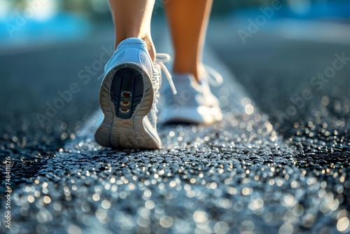 Close-up of a person's shoe while walking. Suitable for accompanying articles about the walking benefits, articles recommending places to walk for exercise, posting pictures with quotes about walking