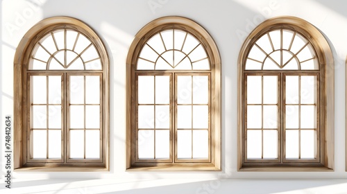 Beautiful wooden arch window frames on white background collage Banner design : Generative AI