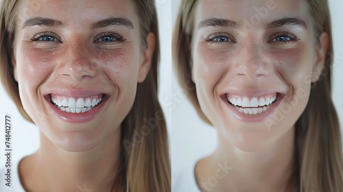 Collage with photos of woman with diastema between upper front teeth before and after treatment on white background closeup Banner design : Generative AI