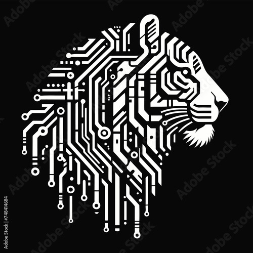 tiger, cat, wildcat, animal in techno cyberpunk and steampunk tattoo, wire, machine gear logo, 