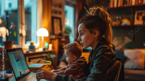 Busy young mother working from home with child. Freelance, motherhood
