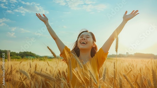 Woman happy smiling joyful with arms up in a wheat field Happiness bliss freedom concept : Generative AI